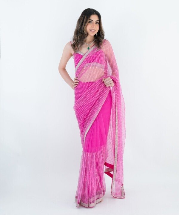 Pink Net Pre-Draped Saree