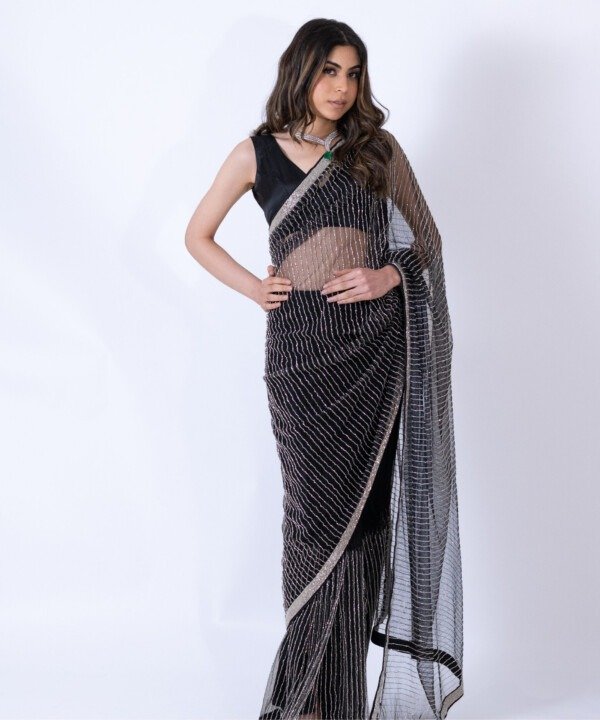 Black Net Pre-Draped Saree