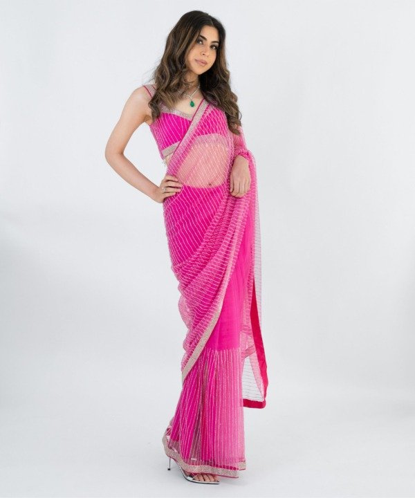 Pink Net Pre-Draped Saree