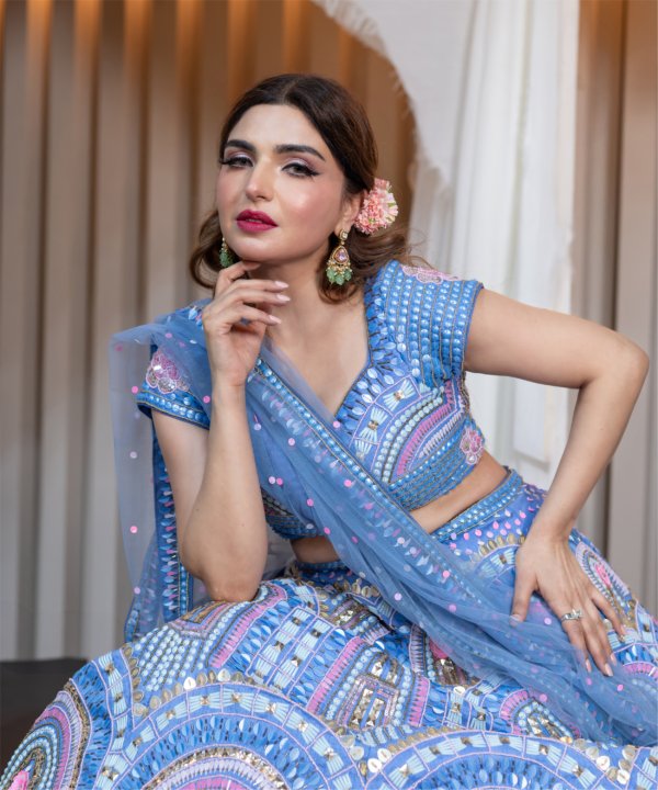Blue Hand-Embellished Sequins Lehenga