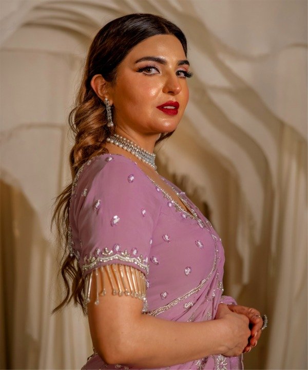 Lavender Pre-Draped Embellished Saree Set