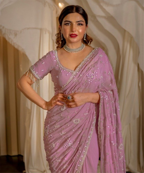 Lavender Pre-Draped Embellished Saree Set