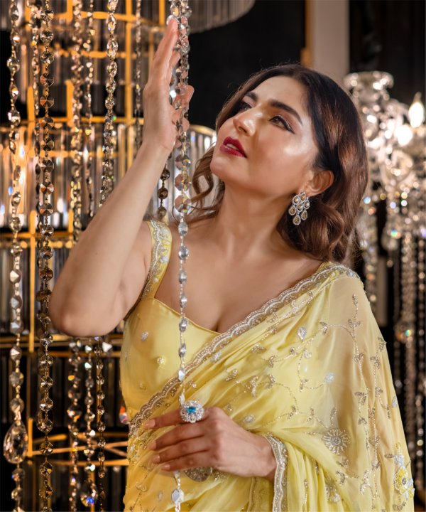 Yellow Hand Embellished Saree Set