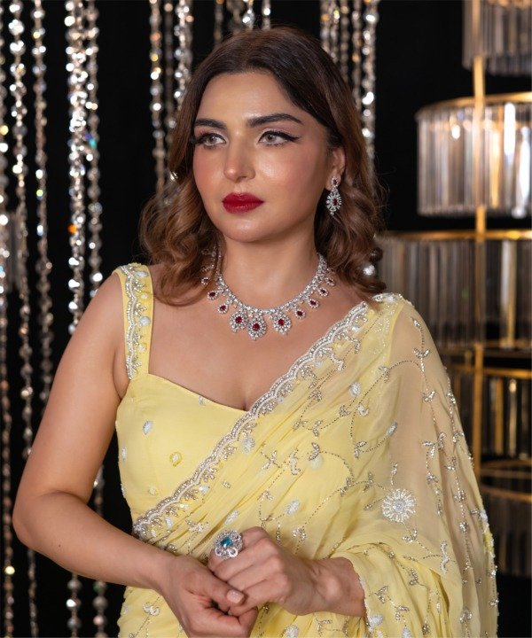 Yellow Hand Embellished Saree Set