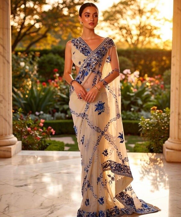 Maison Des Fleurs - Parsi Hand Embroidered Royal Saphire Saree