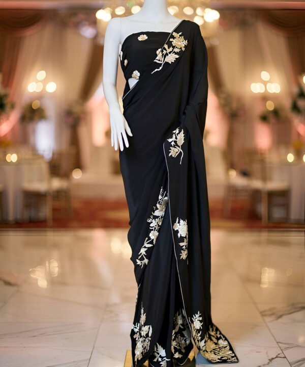 Maison Des Fleurs - Parsi Hand Embroidered Midnight Florentine Saree Set