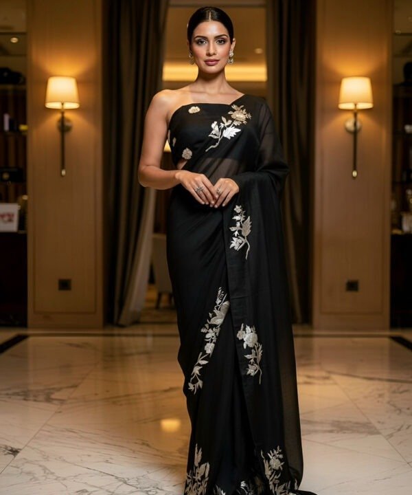 Maison Des Fleurs - Parsi Hand Embroidered Midnight Florentine Saree Set
