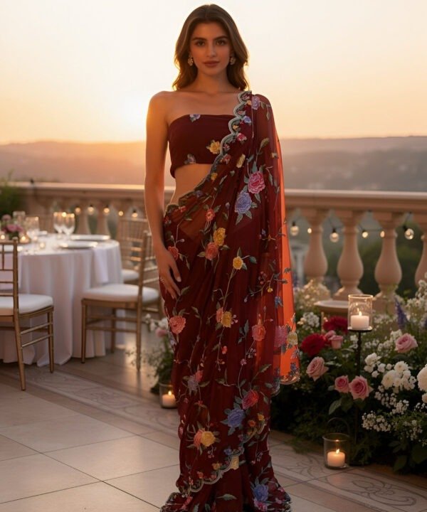 Maison Des Fleurs - Parsi Hand Embroidered Rosetta Maroon Saree