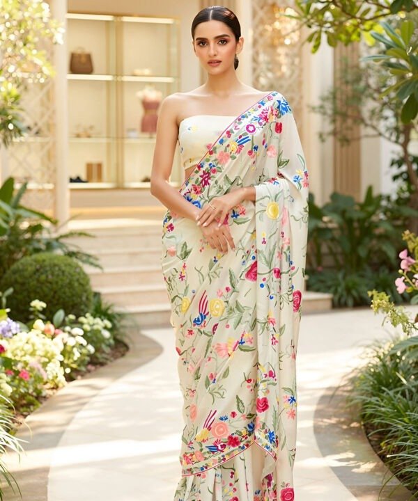 Maison des Fleurs – Ivory Parsi Gara Hand-Embroidered Saree (Pure Crepe)