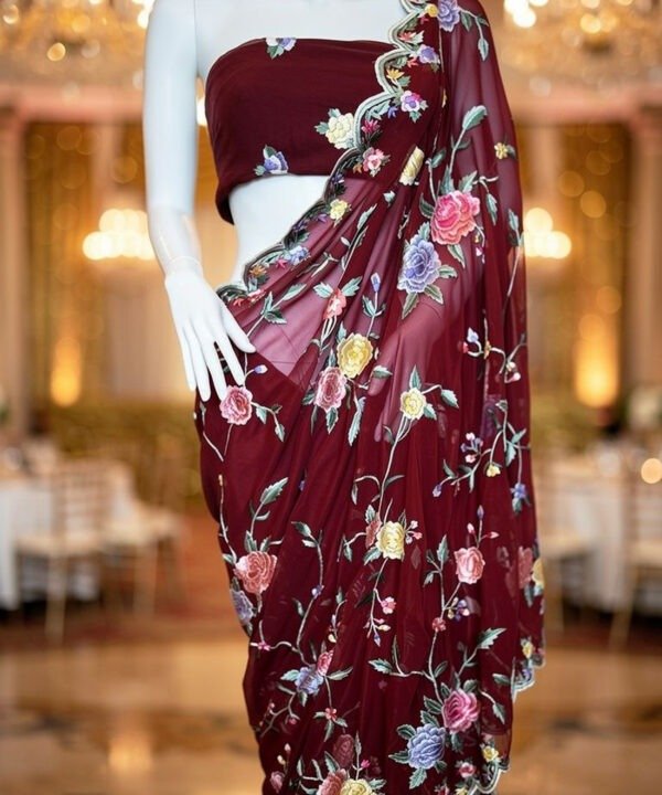 Maison Des Fleurs - Parsi Hand Embroidered Rosetta Maroon Saree