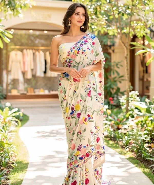 Maison des Fleurs – Ivory Parsi Gara Hand-Embroidered Saree (Pure Crepe)