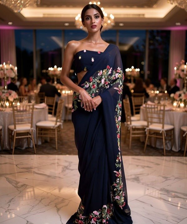 Maison des Fleurs — Parsi Hand Embroidered Midnight Bloom Saree