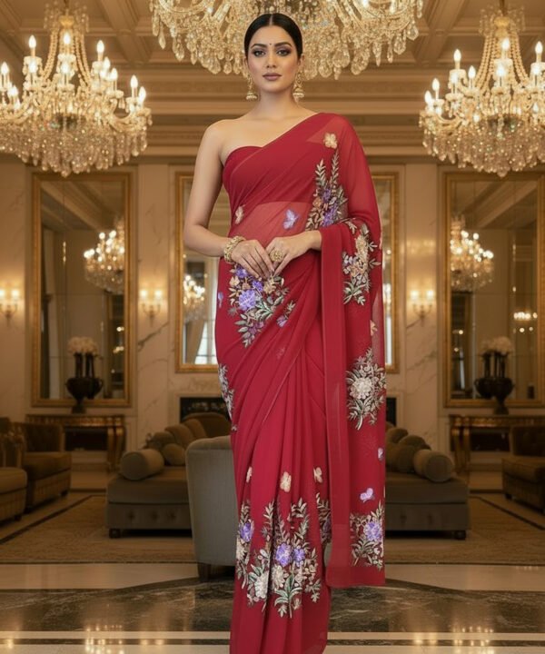 Maison des Fleurs — Ruby Garden Parsi Hand-Embroidered Saree