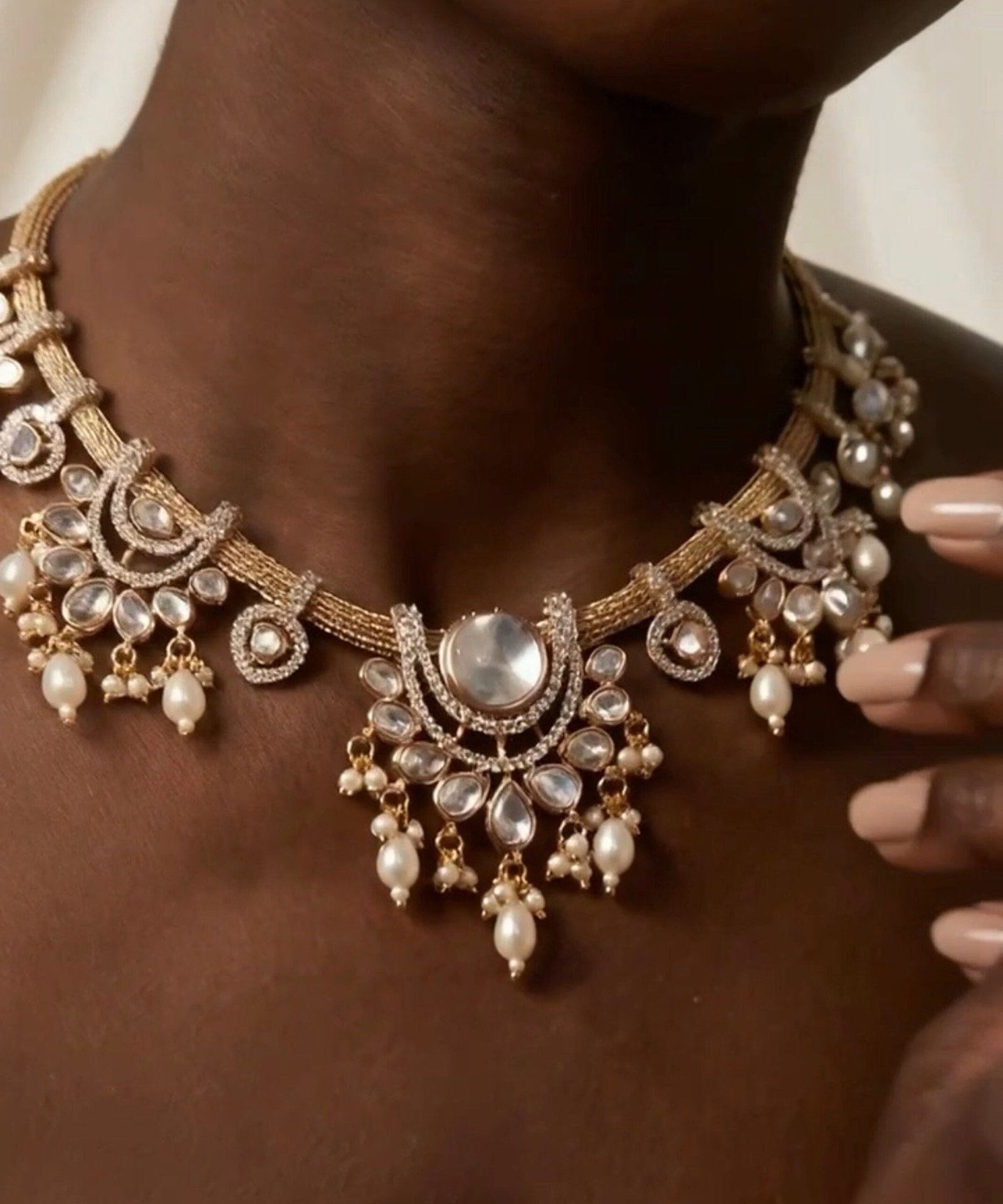 Pearl and Polki Necklace Set - Image 3